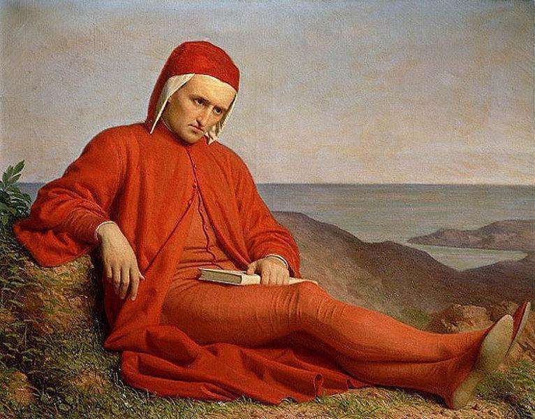 Man in a red medieval robe and cap sitting on a meadow by the sea, holding a book in his hand, with a hilly coastline in the background (portrait of Dante Alighieri).